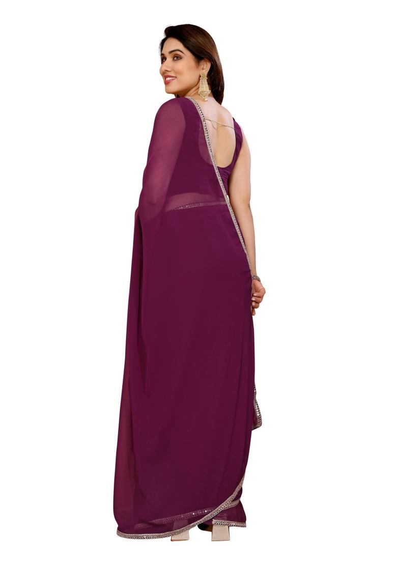 Purple Solid Georgette Saree Set With Blouse