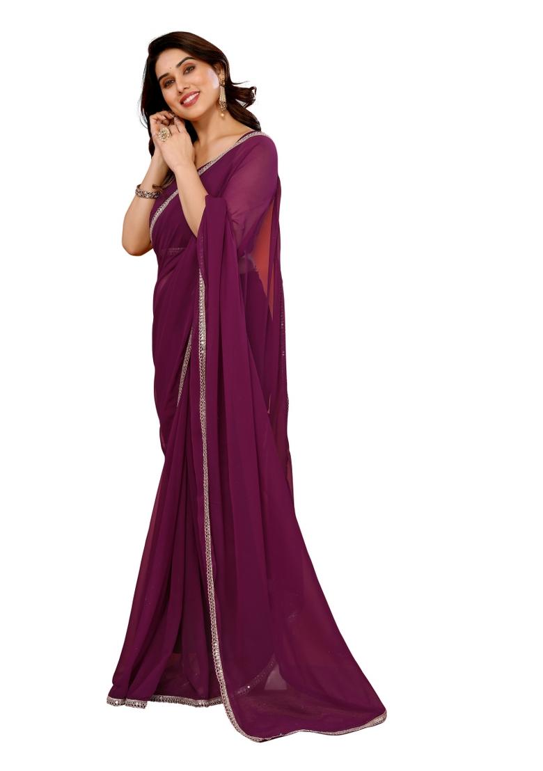 Purple Solid Georgette Saree Set With Blouse
