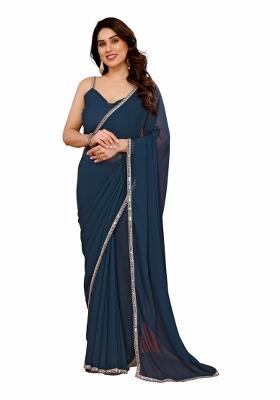 Rama Green Solid Georgette Saree Set With Blouse