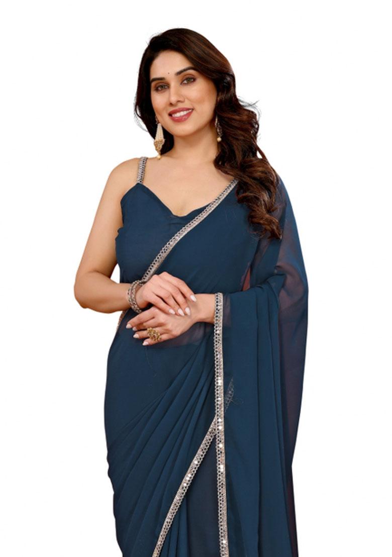 Rama Green Solid Georgette Saree Set With Blouse