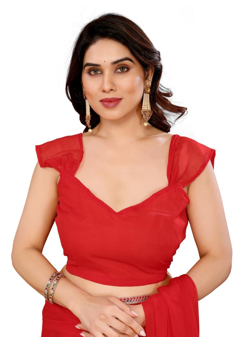 Red Solid Georgette Saree Set With Blouse