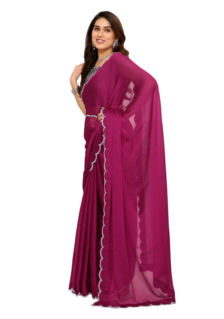 Pink Solid Chiffon Saree Set With Blouse