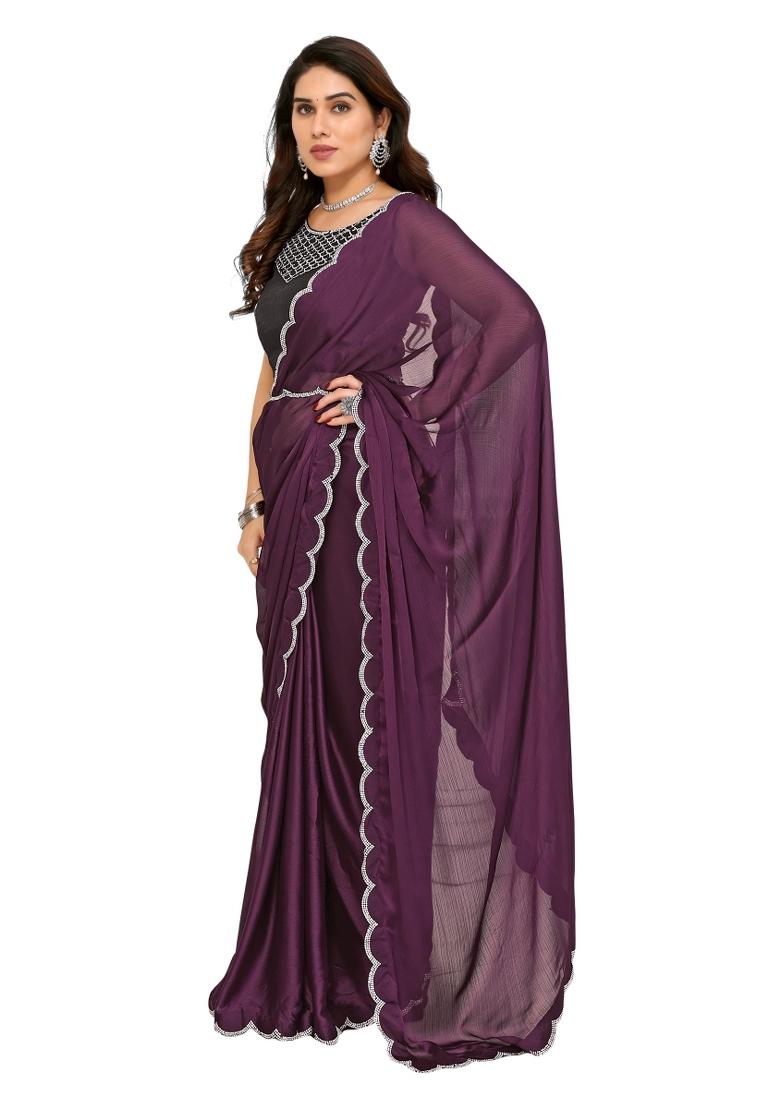 Purple Solid Chiffon Saree Set With Blouse