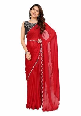 Red Solid Chiffon Saree Set With Blouse