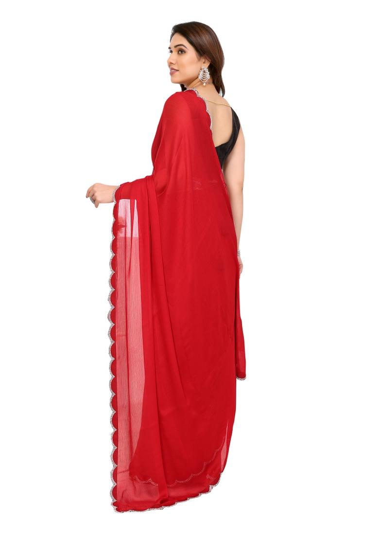 Red Solid Chiffon Saree Set With Blouse