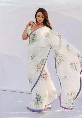 White Printed Satin Silk Saree Set With Blouse