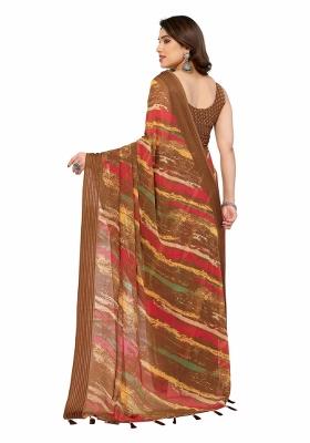 Brown Printed Poly Blend Saree Set With Blouse