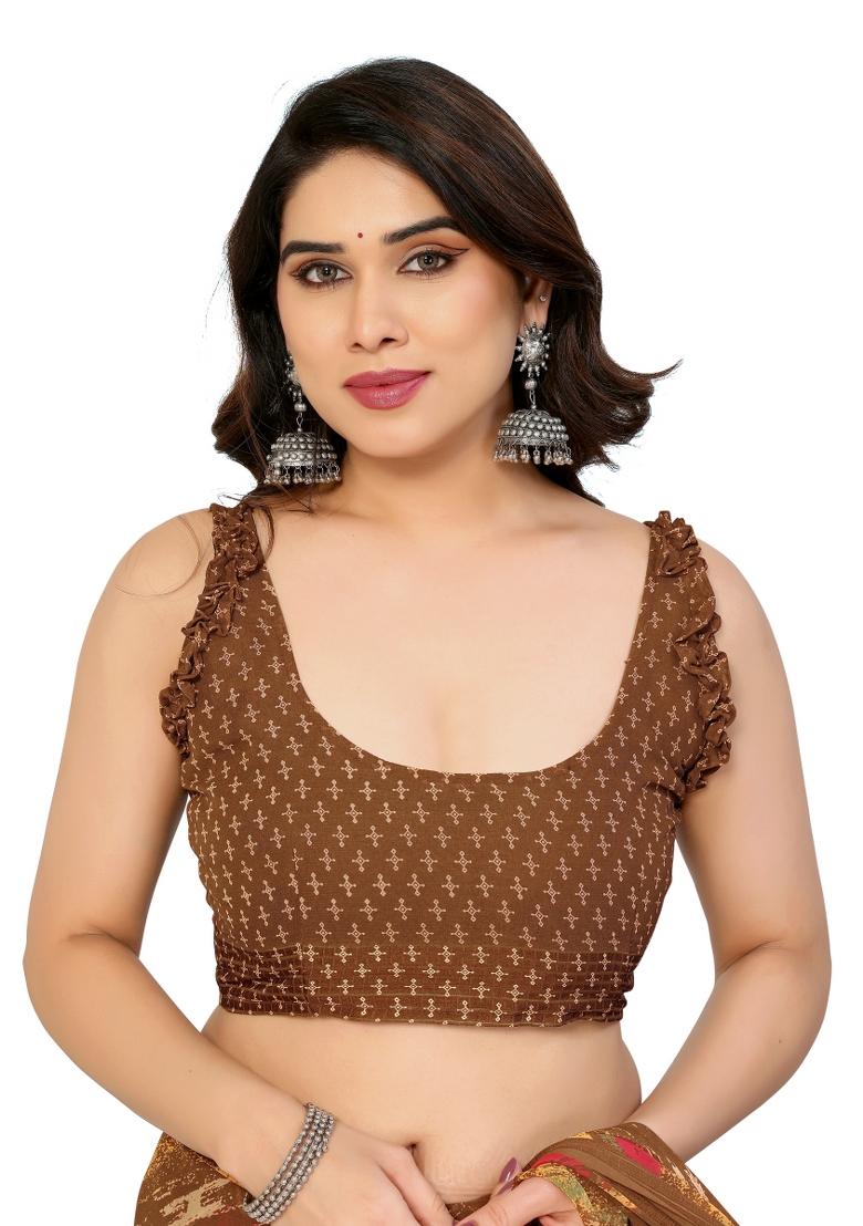 Brown Printed Poly Blend Saree Set With Blouse