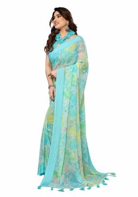 Firozi Blue Printed Poly Blend Saree Set With Blouse