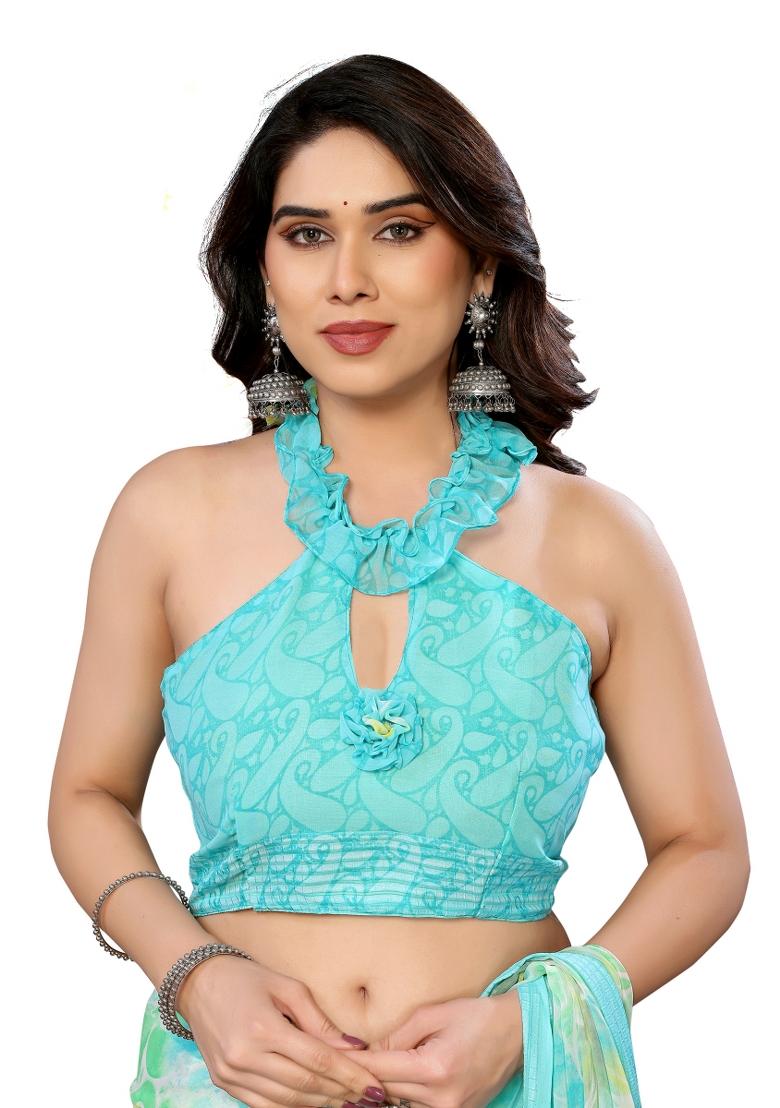 Firozi Blue Printed Poly Blend Saree Set With Blouse