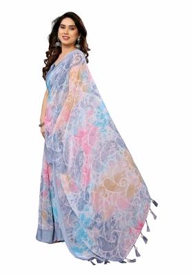 Grey Printed Poly Blend Saree Set With Blouse