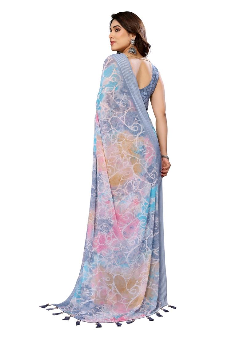 Grey Printed Poly Blend Saree Set With Blouse