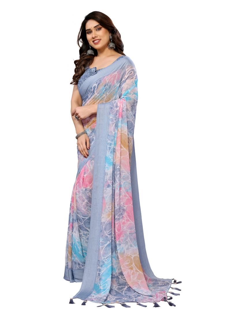 Grey Printed Poly Blend Saree Set With Blouse
