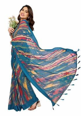 Multi Printed Poly Blend Saree Set With Blouse