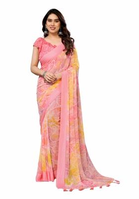 Peach Printed Poly Blend Saree Set With Blouse