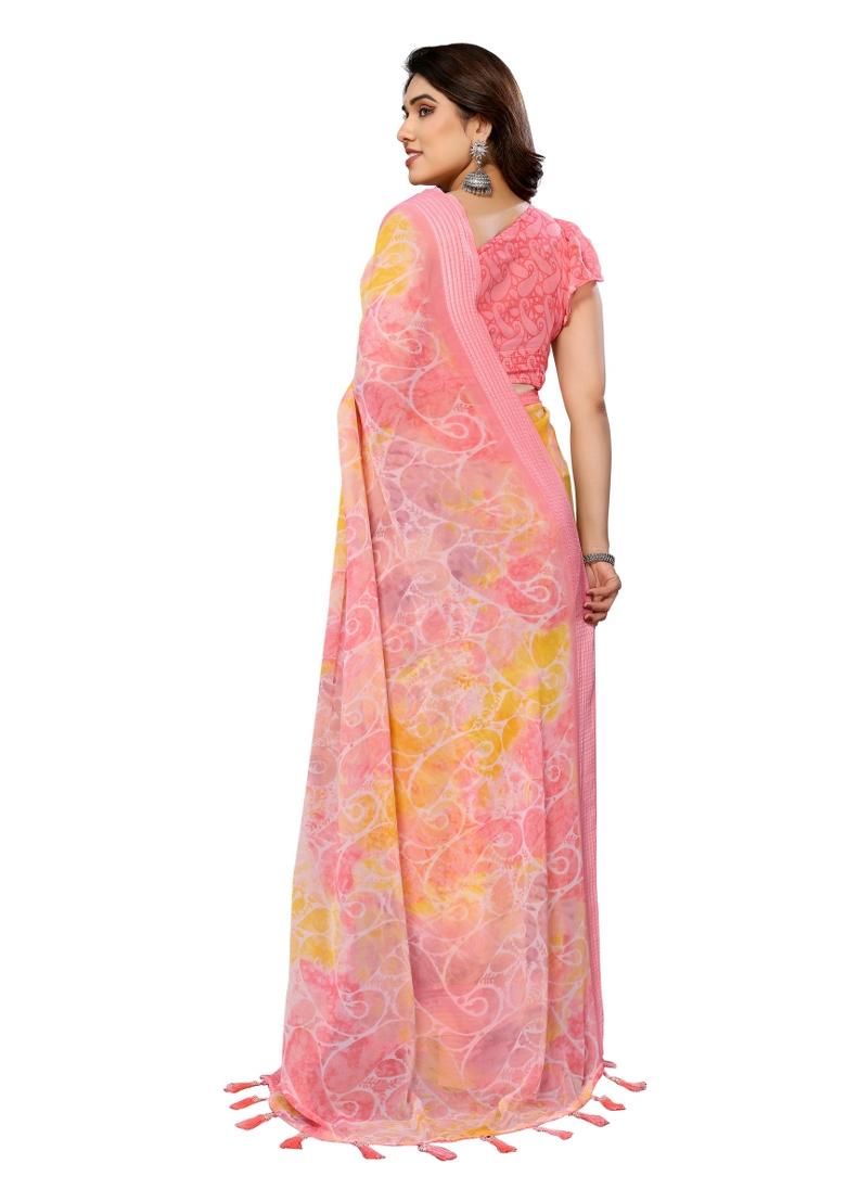 Peach Printed Poly Blend Saree Set With Blouse