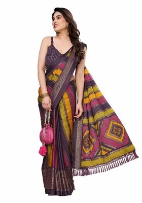 Wine Printed Banglory Saree Set With Blouse
