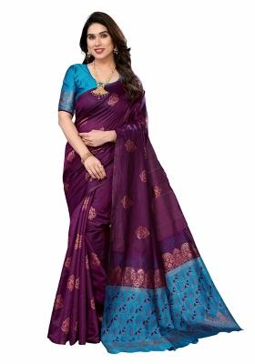 Wine Weaving Silk Blend Saree Set With Blouse