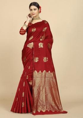 Red Weaving Silk Blend Saree Set With Blouse