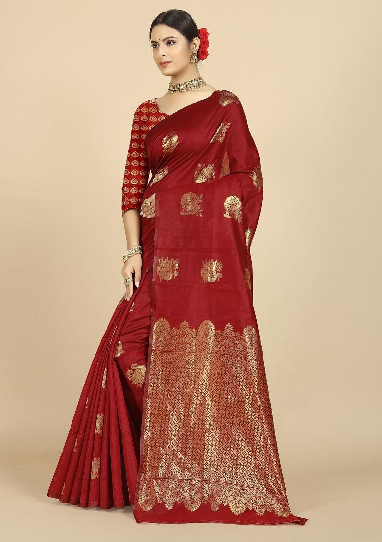 Red Weaving Silk Blend Saree Set With Blouse