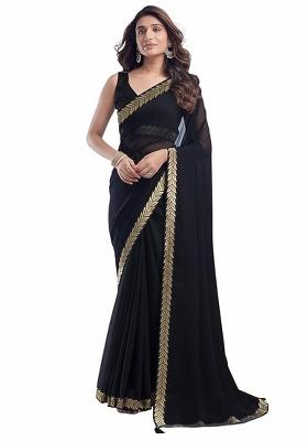 Black Solid Georgette Saree Set With Blouse