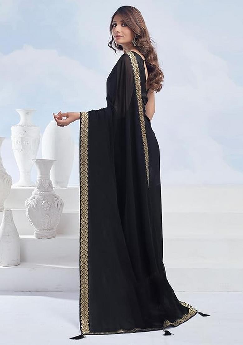 Black Solid Georgette Saree Set With Blouse