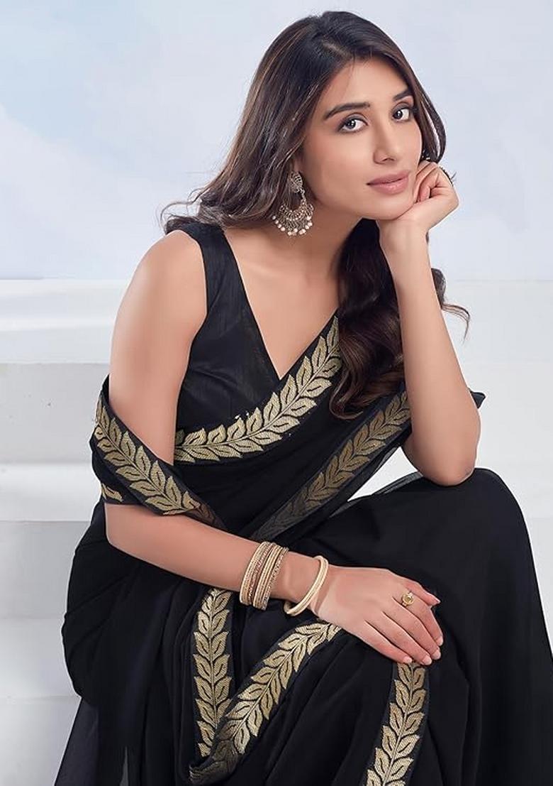 Black Solid Georgette Saree Set With Blouse