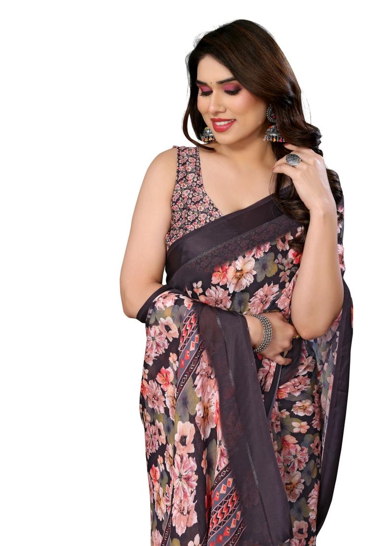 Multi Digital Print Bright Moss Saree Set With Blouse