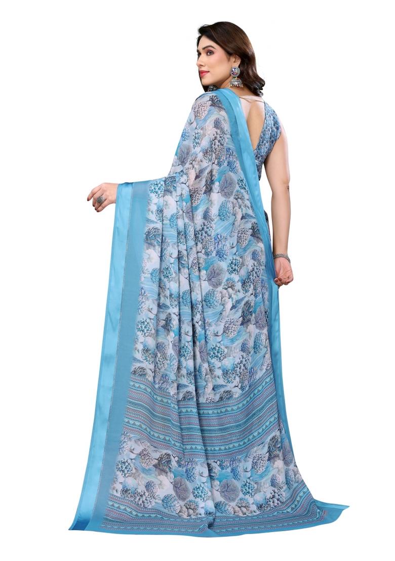 Blue Digital Print Bright Moss Saree Set With Blouse