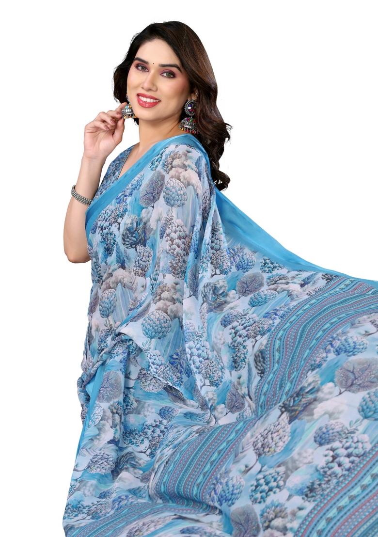 Blue Digital Print Bright Moss Saree Set With Blouse