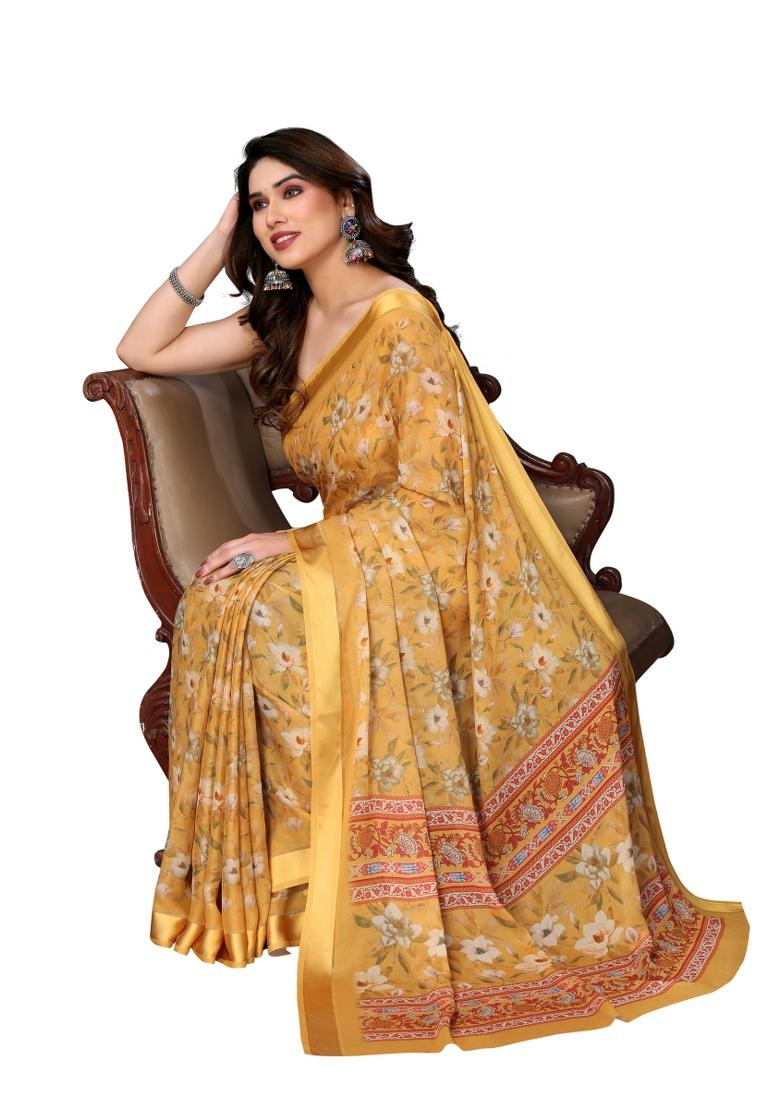 Yellow Digital Print Bright Moss Saree Set With Blouse