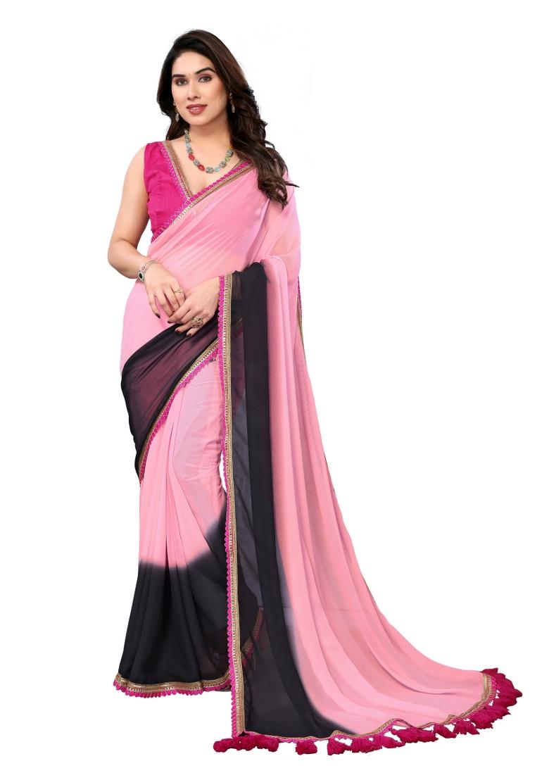 Black Solid Georgette Saree Set With Blouse