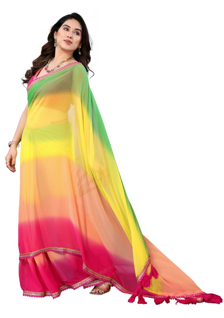 Multi Solid Georgette Saree Set With Blouse