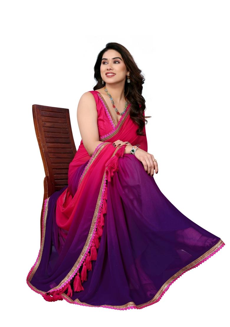 Multi Solid Georgette Saree Set With Blouse