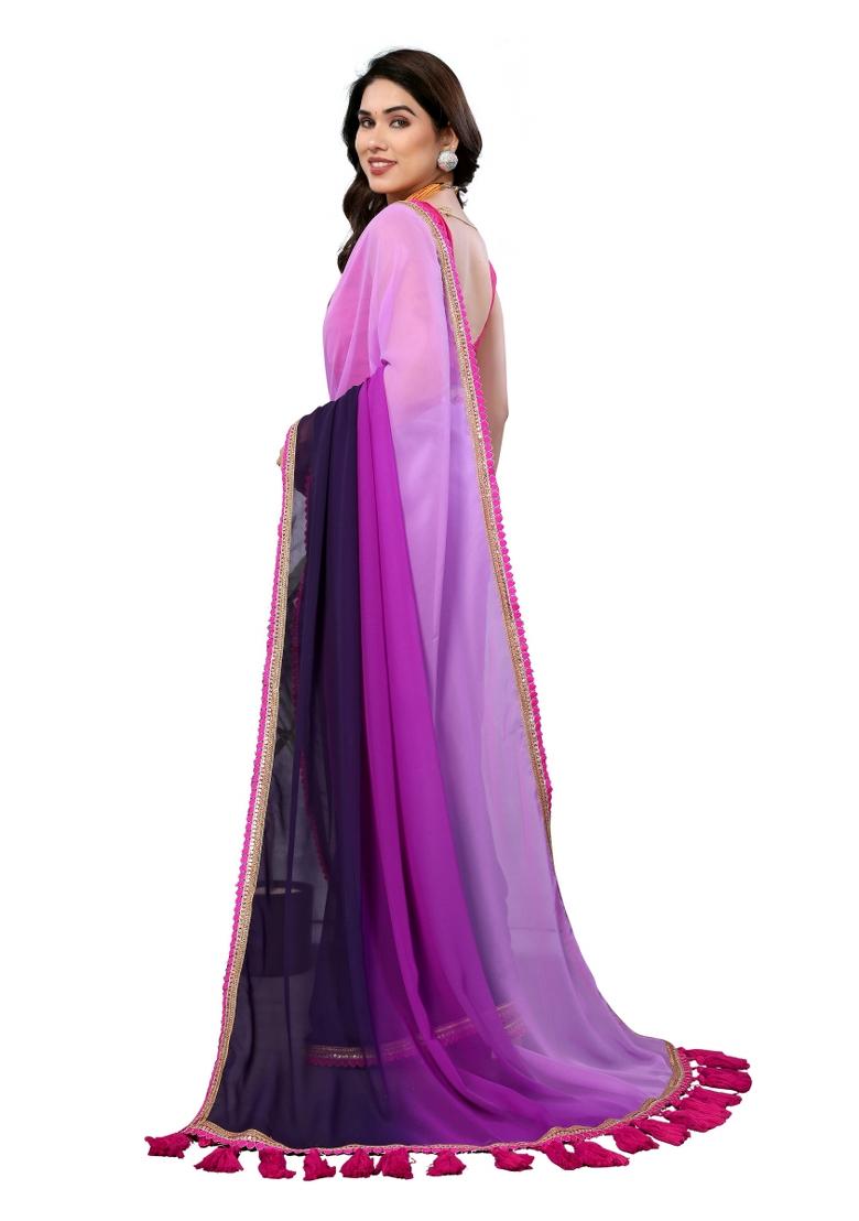 Purple Solid Georgette Saree Set With Blouse