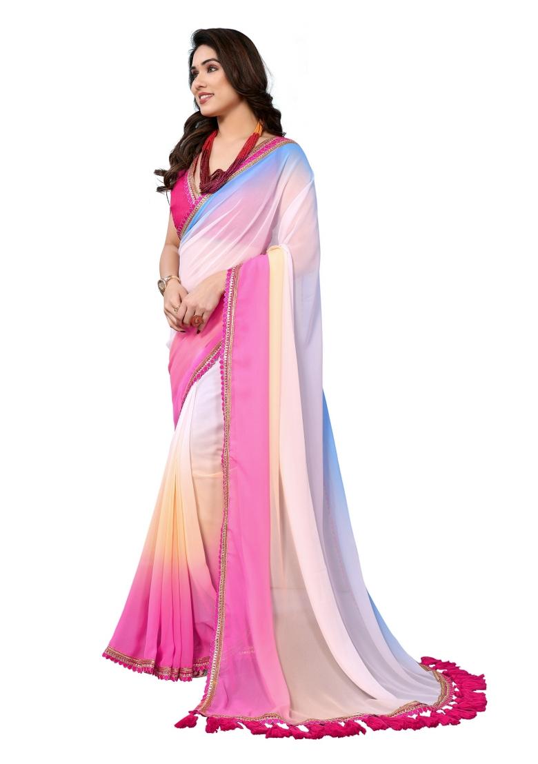 Multi Solid Georgette Saree Set With Blouse
