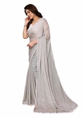 Grey Solid Polyester Saree Set With Blouse