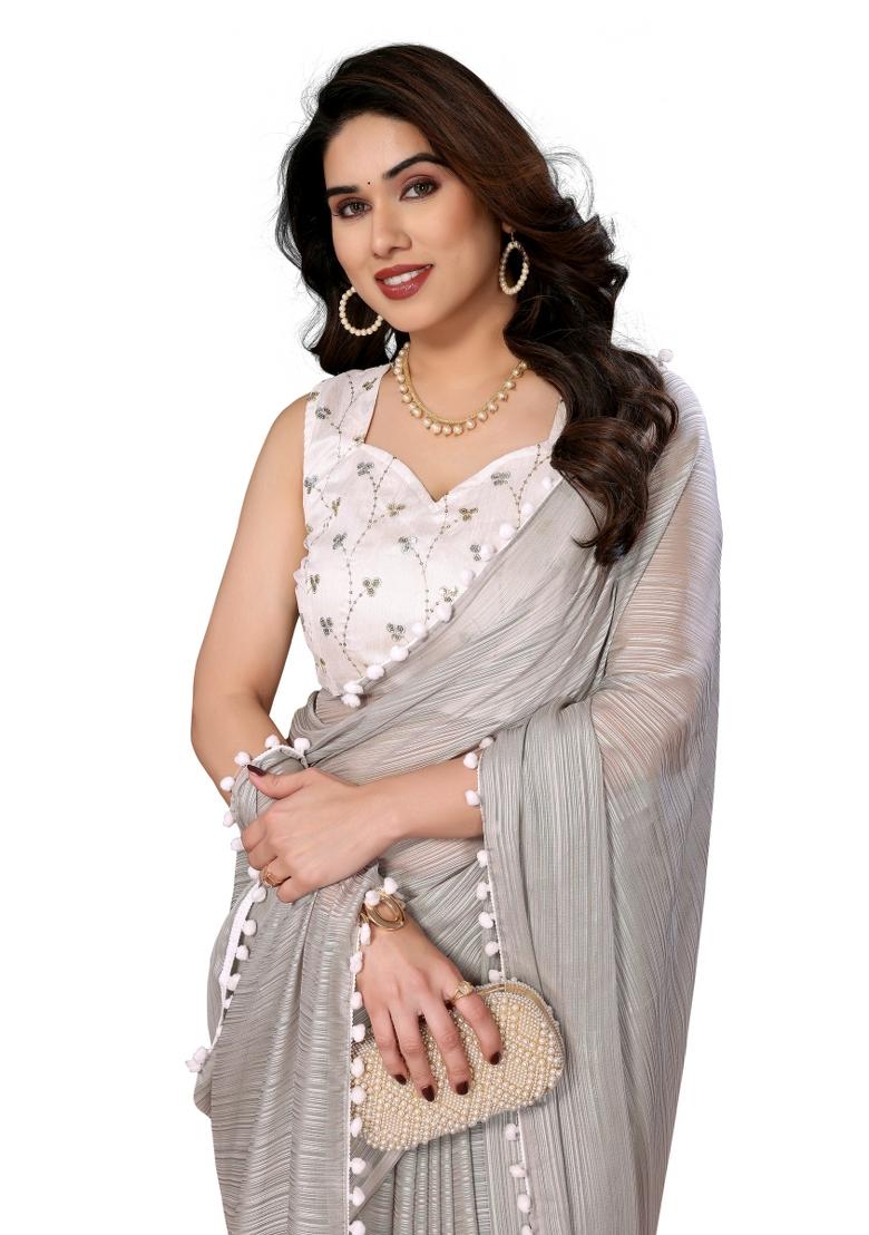 Grey Solid Polyester Saree Set With Blouse