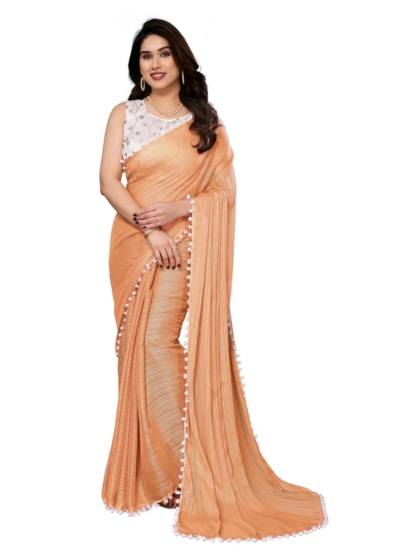 Orange Solid Polyester Saree Set With Blouse