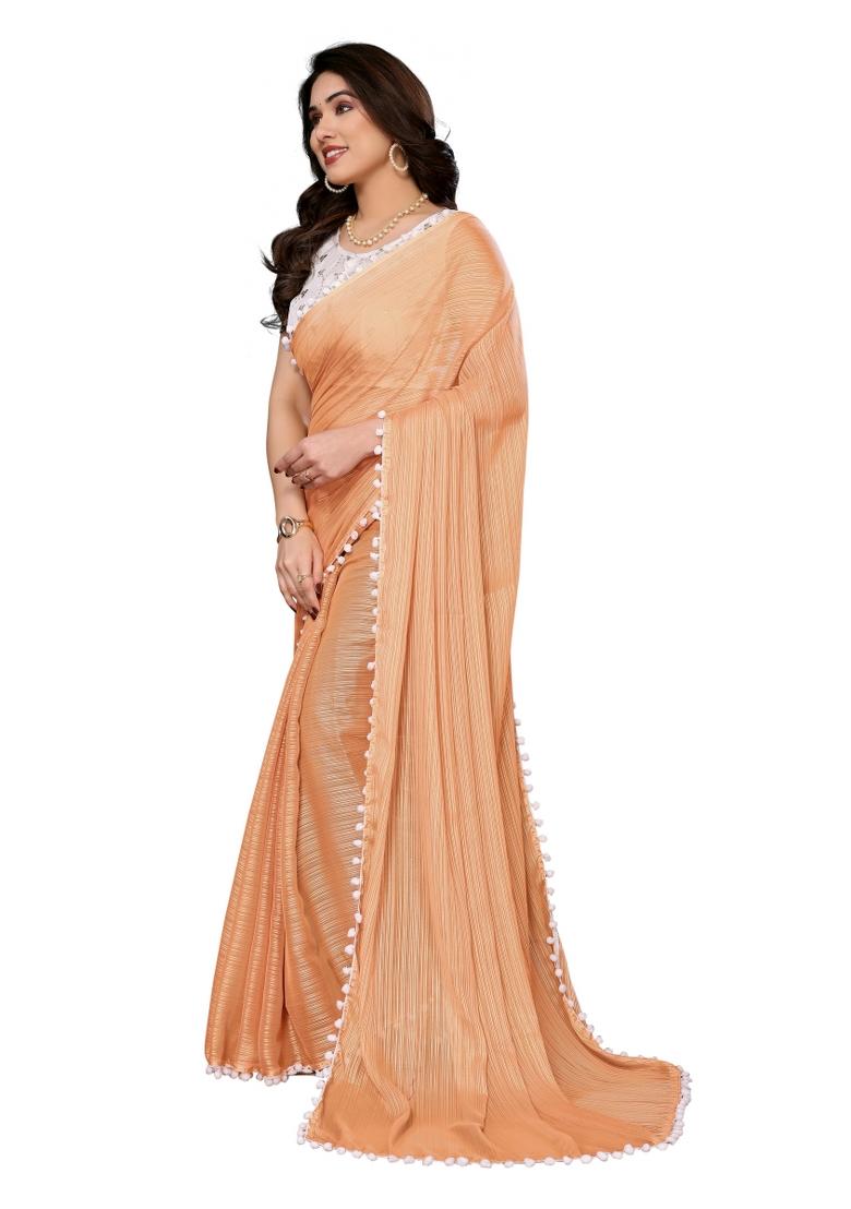 Orange Solid Polyester Saree Set With Blouse