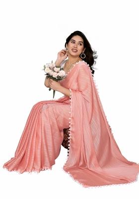 Peach Solid Polyester Saree Set With Blouse