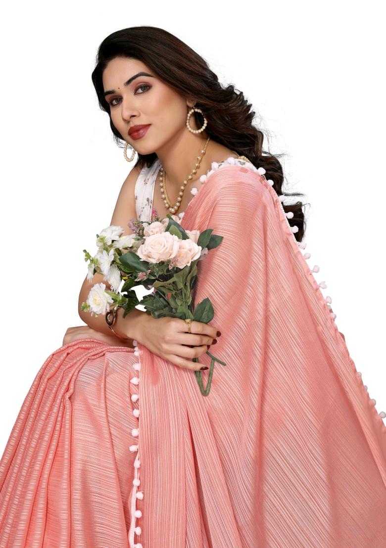 Peach Solid Polyester Saree Set With Blouse
