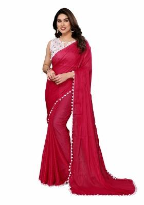 Pink Solid Polyester Saree Set With Blouse