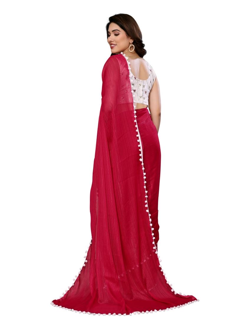 Pink Solid Polyester Saree Set With Blouse