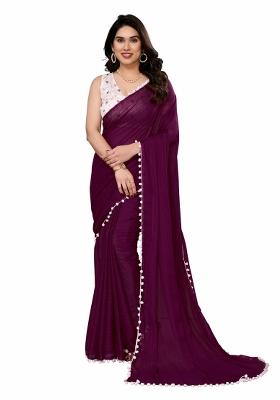 Purple Solid Polyester Saree Set With Blouse