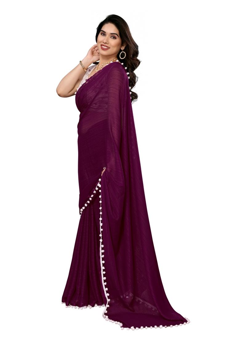 Purple Solid Polyester Saree Set With Blouse
