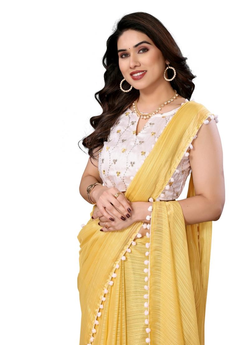 Yellow Solid Polyester Saree Set With Blouse