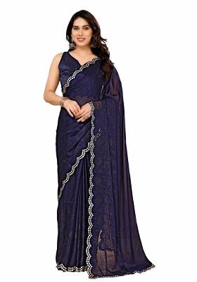 Blue Printed Poly Blend Saree Set With Blouse
