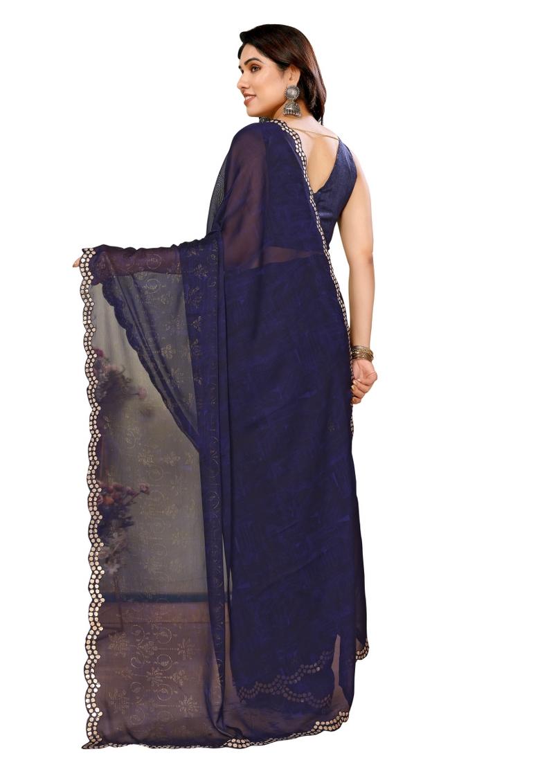 Blue Printed Poly Blend Saree Set With Blouse