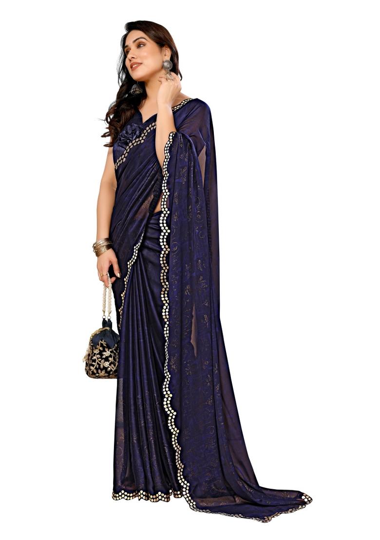 Blue Printed Poly Blend Saree Set With Blouse